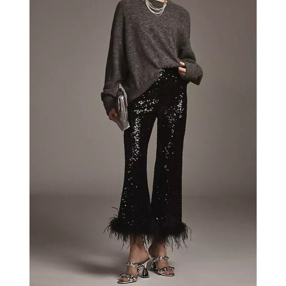 Hutch The Koto Feather Sequin Black Holiday Evening Pants 2 - Picture 1 of 3